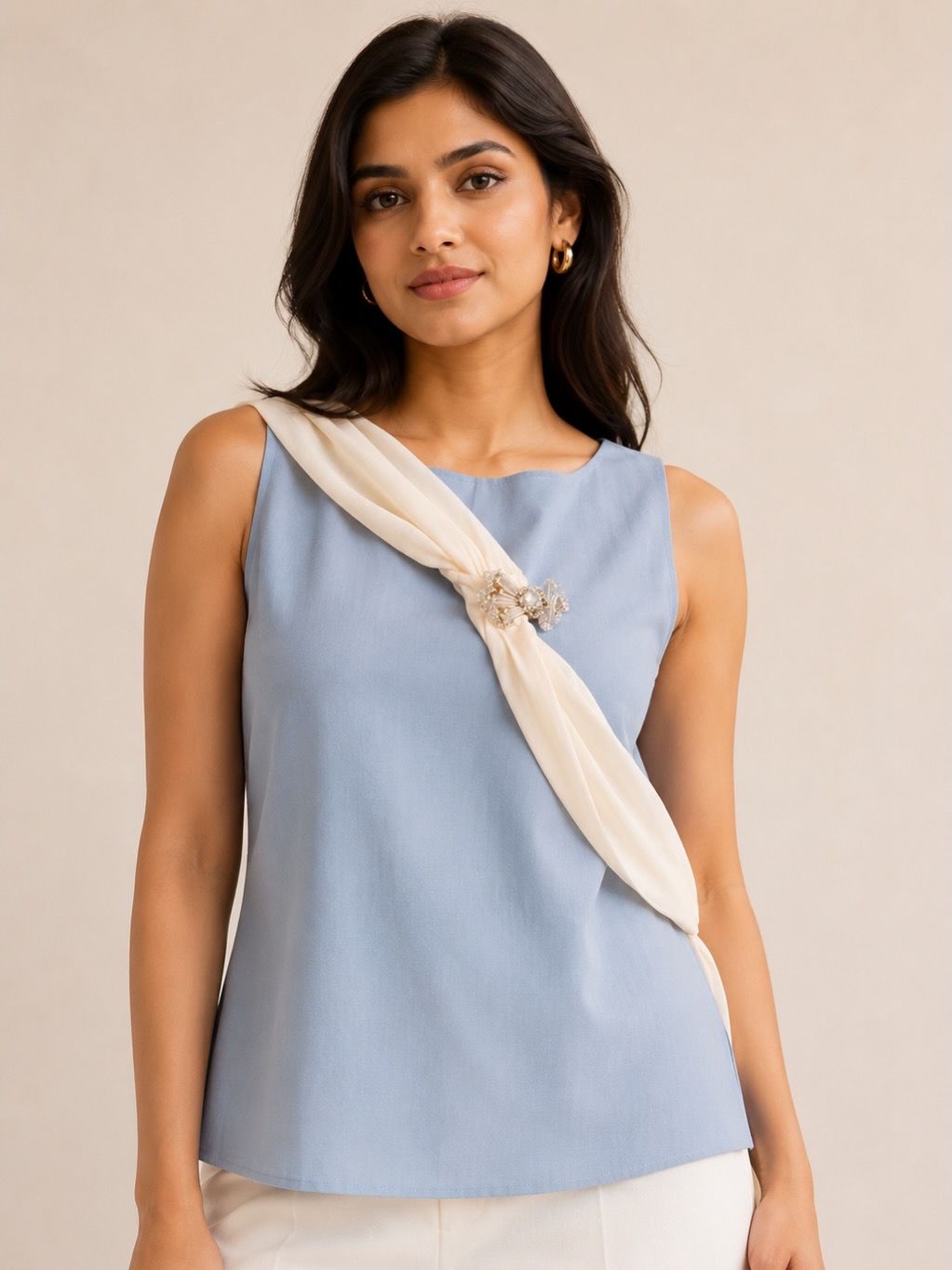 Sky Elegance Draped Sleeveless Top – Powder Blue