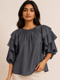 Midnight Grace Ruffle Sleeve Blouse – Charcoal Grey