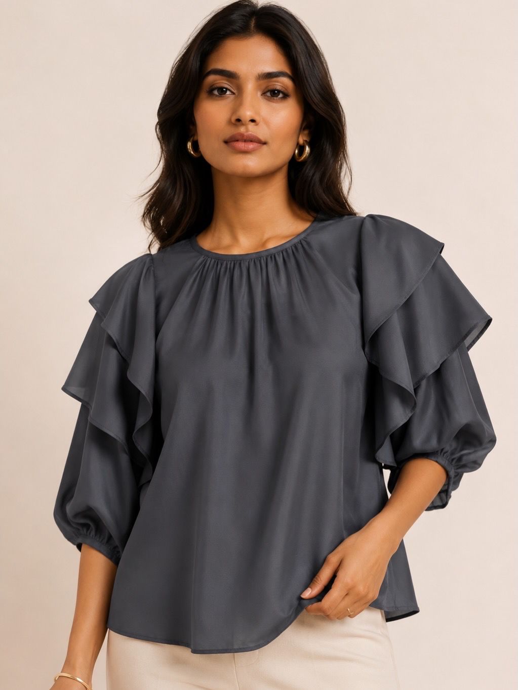 Midnight Grace Ruffle Sleeve Blouse – Charcoal Grey