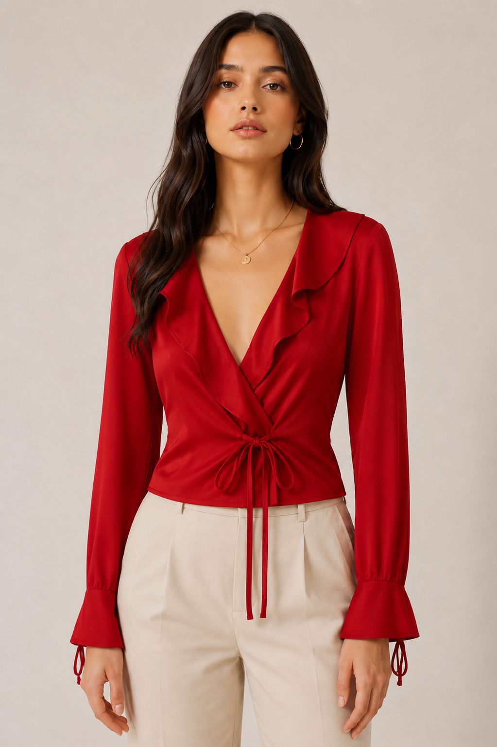 Scarlet Charm Satin Wrap Blouse – Red