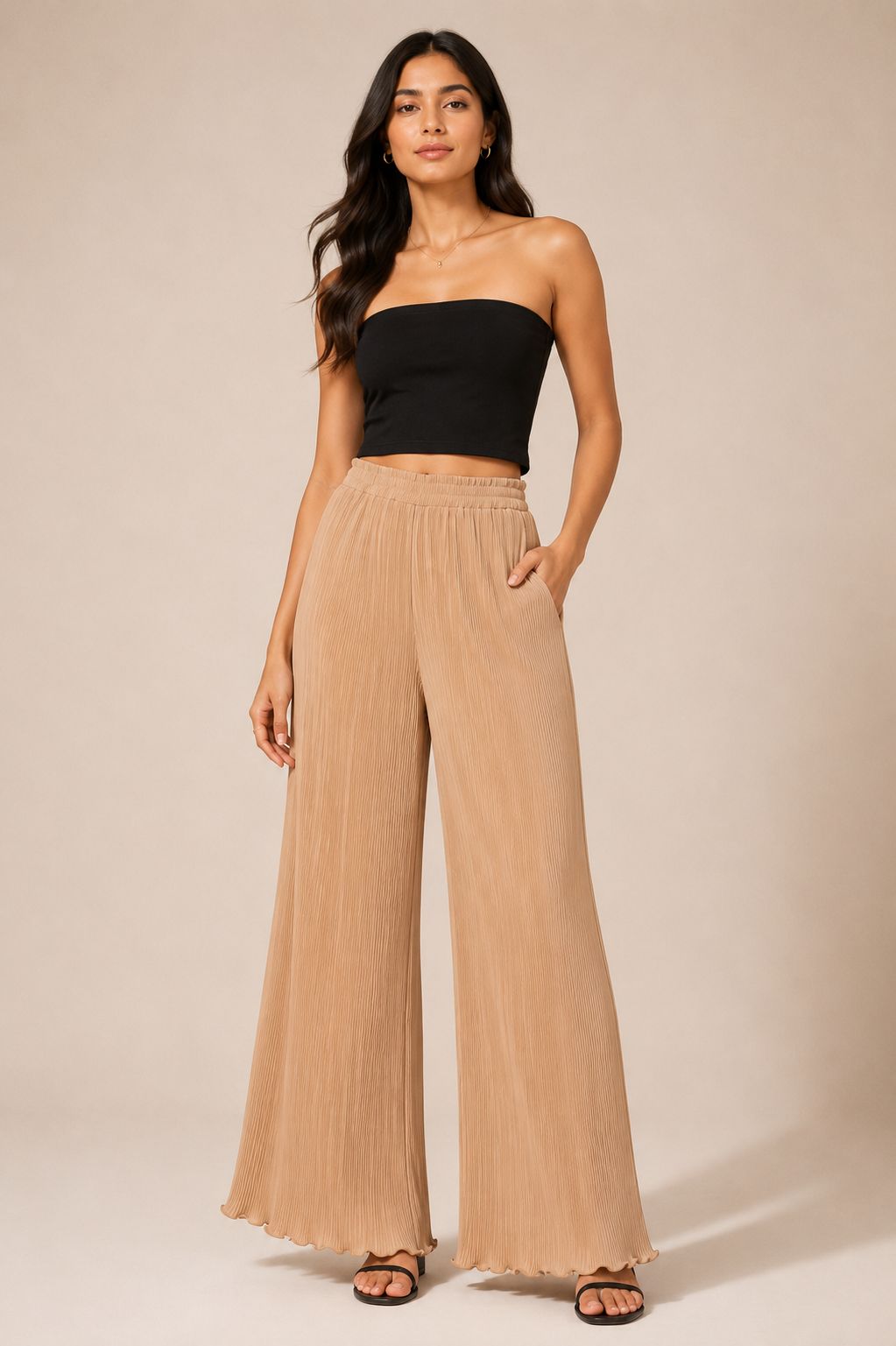 Sandstone Pleated Palazzo Pants (Beige)
