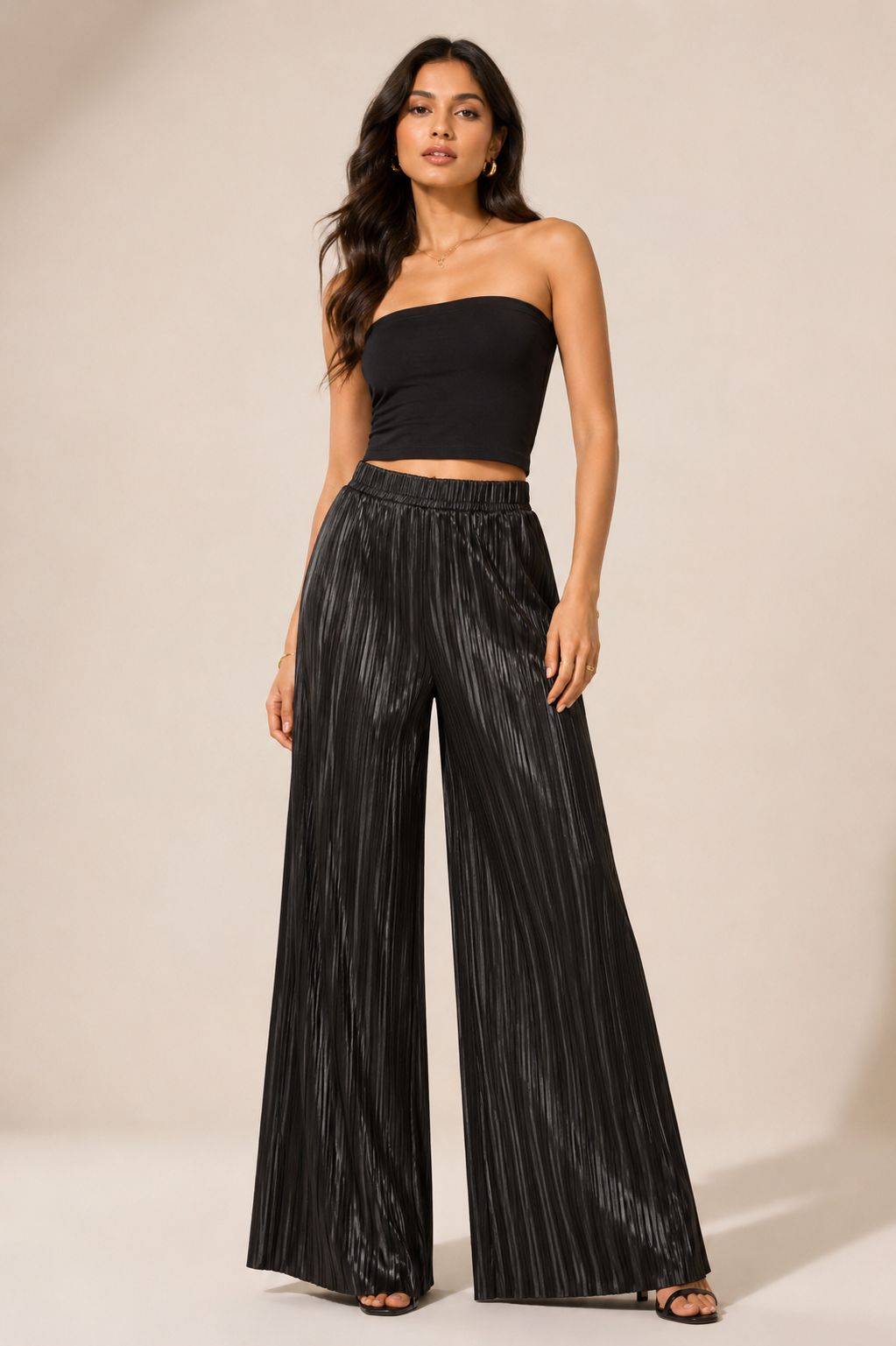 Midnight Pleated Wide-Leg Pants (Black)