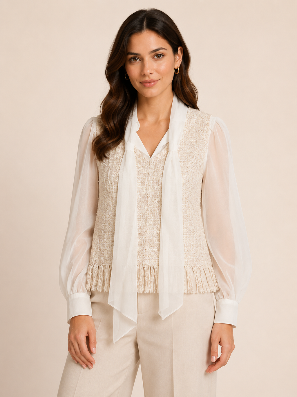 Elegant Ivory Sheer Sleeve Tweed Bow-Tie Top